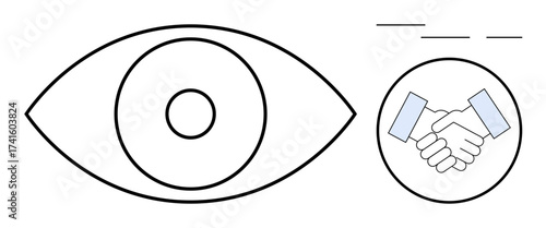 Large outlined eye with handshake inside a circle, lines above. Ideal for trust, connection, teamwork, communication, vision, business relationships, simple flat metaphor