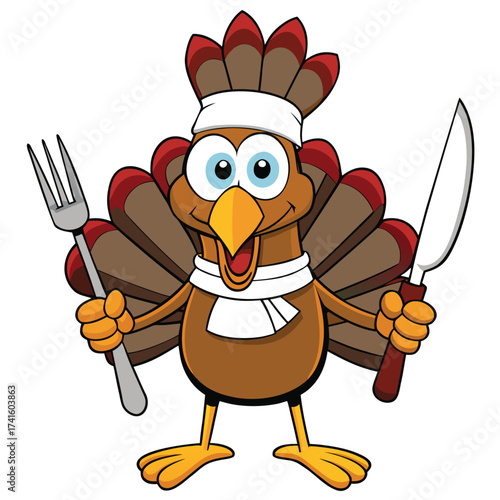 Vector art of cartoon turkey chef with fork and knife