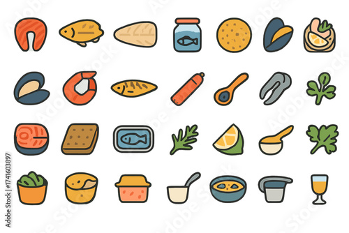 Variety of seafood and cooking ingredients designed as colorful icons for a culinary theme