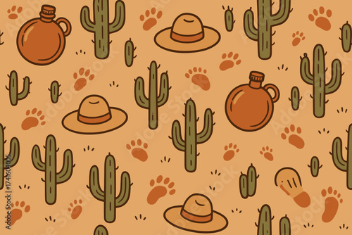 Cacti and desert accessories create a vibrant pattern of adventure and exploration in a sunny environment