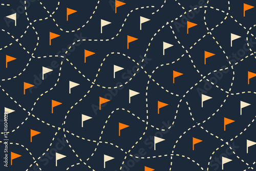 Colorful flags scattered across a dark background with winding dashed paths creating a playful pattern