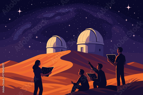 Stargazers observe constellations near observatories under a clear night sky in a desert landscape