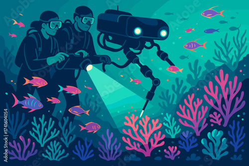 Divers explore vibrant coral reef with underwater robot and colorful fish in clear ocean waters
