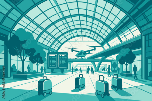 Modern airport interior with drone transportation and travelers during daytime