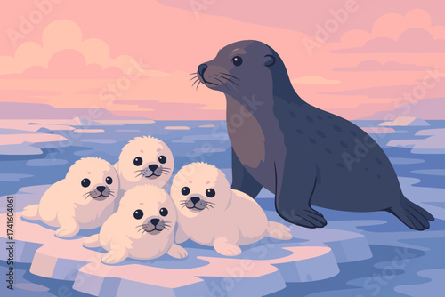 Mother seal and her pups resting on ice in a serene Arctic landscape during sunset