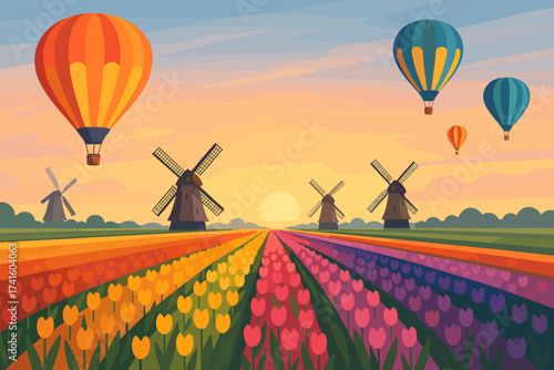 Colorful hot air balloons over tulip fields and windmills during sunset in a vibrant landscape