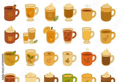 Variety of colorful hot and cold beverages displayed in different mugs and glasses during a casual gathering