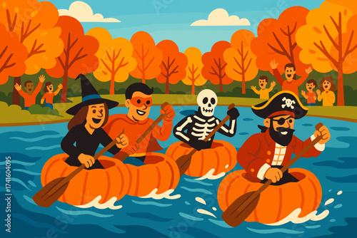 Friends enjoy a fun pumpkin paddle event with costumes in a colorful autumn park setting