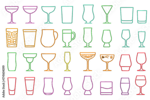 Colorful outlines of various drink glasses arranged in a creative pattern showcasing diverse beverage options