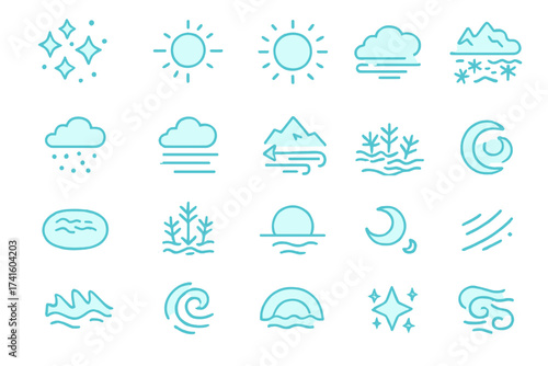 Simple and clear weather icons representing various atmospheric conditions and times throughout the day
