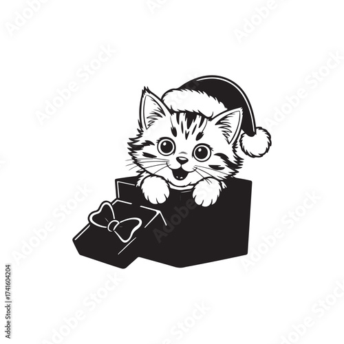 Adorable kitten peaking out from a gift box with a santa hat