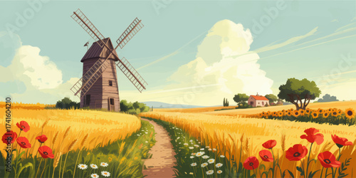 Idyllic Countryside Landscape with Old Wooden Windmill, Wheat Fields, Blooming Poppies, Sunflowers, and Country House Under Blue Sky Illustration
