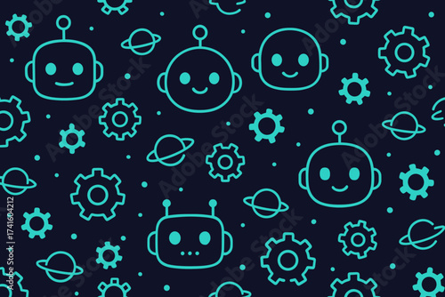 Cute robot pattern with smiling faces and gears on a dark background creating a playful design for kids' rooms