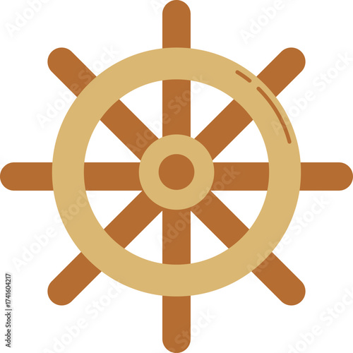 Wooden ship's wheel controlling boat navigation and steering
