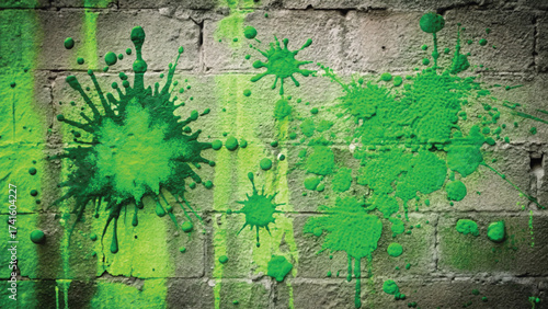 Abstract Spray Paint Texture Neon Green Splashes on Brick Wall Grunge Background
