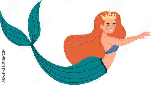 Red haired mermaid princess wearing a gold crown and blue top swimming
