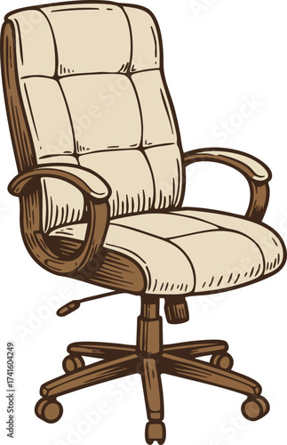 Comfortable beige office chair with brown armrests and wheels vector illustration for workspace interior design 