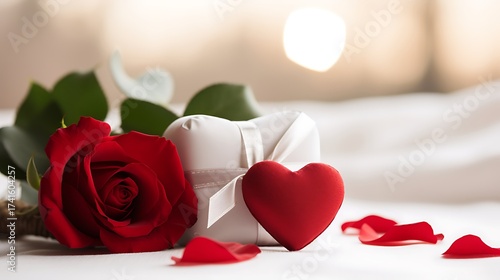 Red Rose and Heart Decorations with Wrapped Gift for Valentine’s