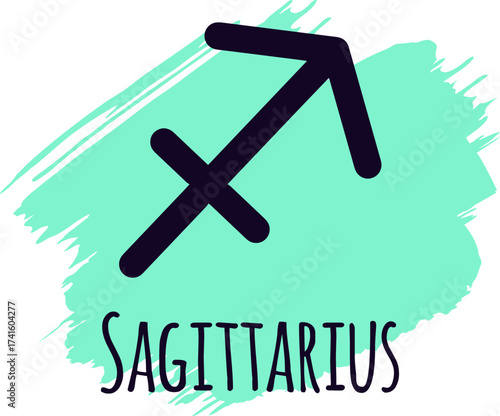 Sagittarius zodiac symbol and word on a mint green brush stroke