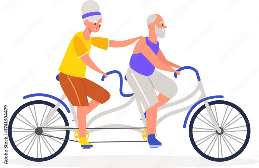Naklejka premium Elderly couple riding tandem bicycle, enjoying active lifestyle