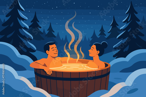 Couple enjoying a relaxing soak in a wooden hot tub surrounded by snowy trees at night