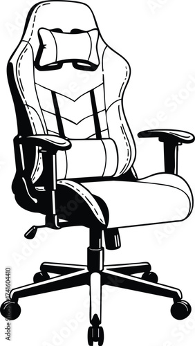 Ergonomic office chair with adjustable armrests and headrest in black and white vector illustration