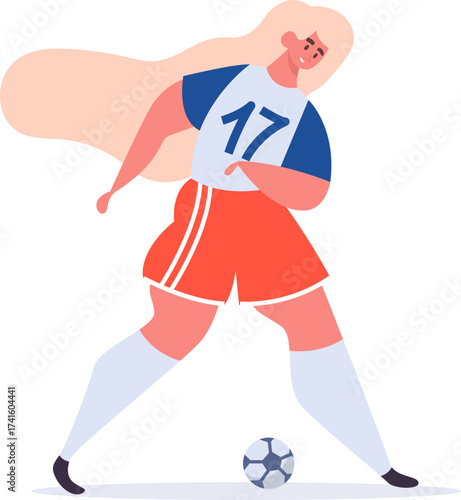 Woman playing soccer, dribbling football ball