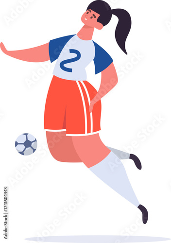 Woman soccer player kicking a football while jumping