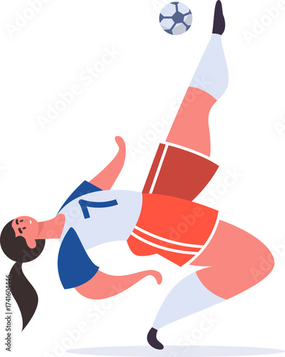 Woman athlete kicking football overhead with an acrobatic bicycle kick