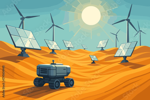 Solar-powered rover explores desert landscape with wind turbines and solar panels under a bright sun