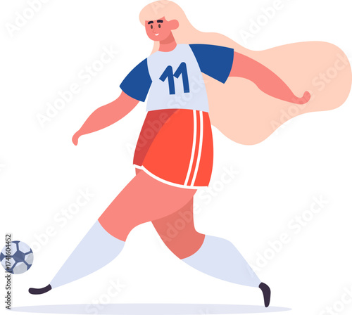 Woman athlete playing football kicking soccer ball