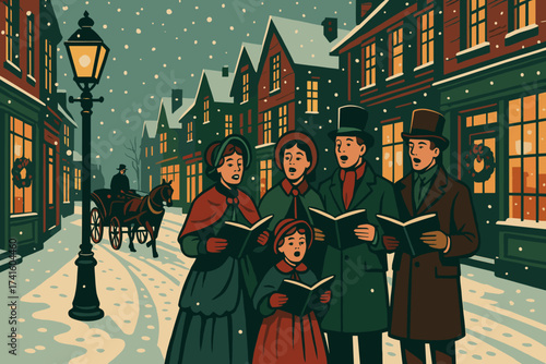 Victorian carolers singing in a snowy street during a winter evening celebration