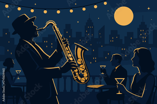 Saxophonist performing at a rooftop bar during a night event in the city with a full moon