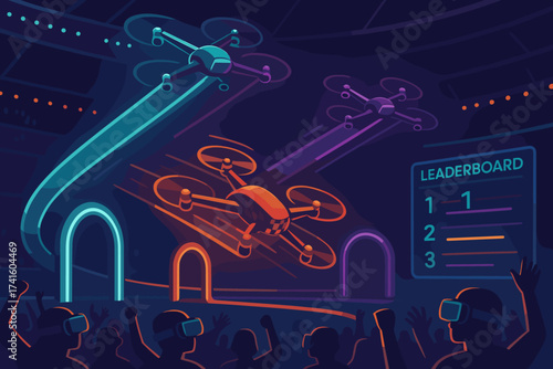 Drones racing through vibrant stadium as spectators cheer in virtual reality excitement during a thrilling competition event at night