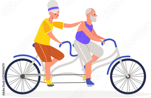 Elderly couple riding tandem bicycle, enjoying active lifestyle