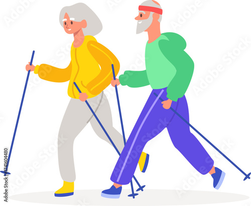 Senior couple doing Nordic walking exercise illustration