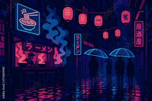 Night market scene with glowing lanterns and ramen stand in a rainy alley