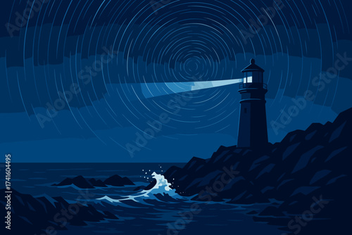 Coastal lighthouse casting light over dark ocean waves during a starry night sky