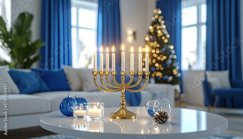 Stylish Hanukkah Celebration Scene Focus on Menorah and Decorative Ornaments