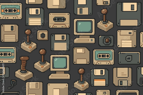 Retro technology collection features old computers, game controllers, and cassette tapes in a colorful, pixelated design
