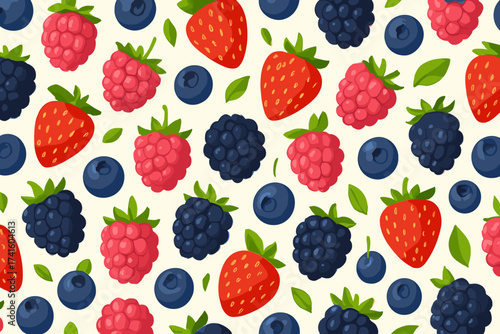 Colorful pattern of various berries on a light background, showcasing strawberries, raspberries, blueberries, and blackberries