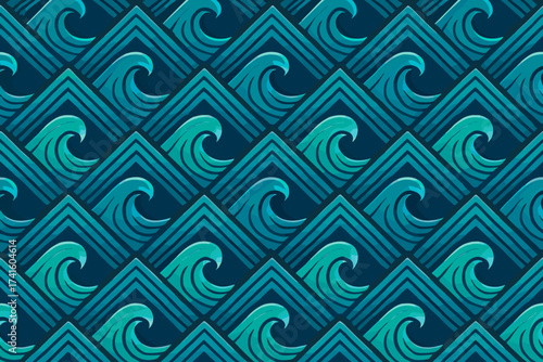Waves create a rhythmic pattern of geometric designs in turquoise and navy colors