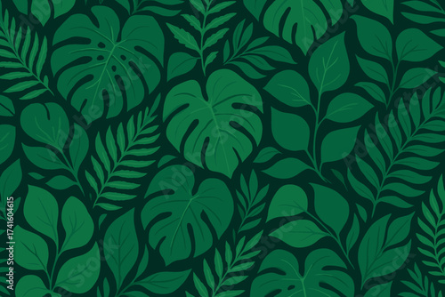 Lush green foliage pattern featuring various tropical leaves against a dark background