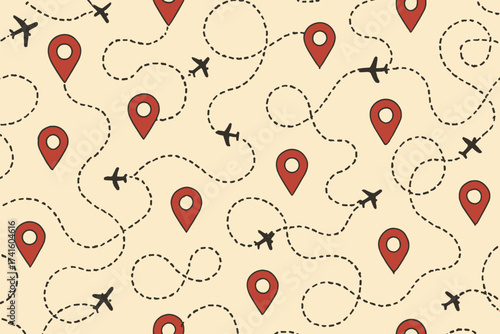 Travel routes with map markers and airplane icons create a whimsical pattern on a light background
