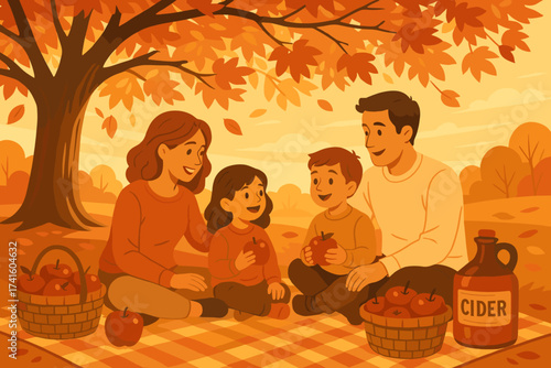 Family enjoys a cozy autumn picnic with apples and cider under colorful leaves