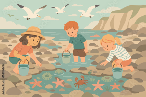 Kids exploring tide pools at the beach, discovering sea life and enjoying nature on a sunny day