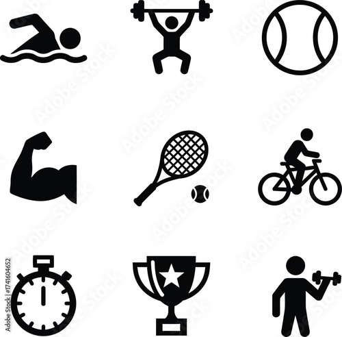 Collection of nine black silhouette icons representing various sports and fitness activities