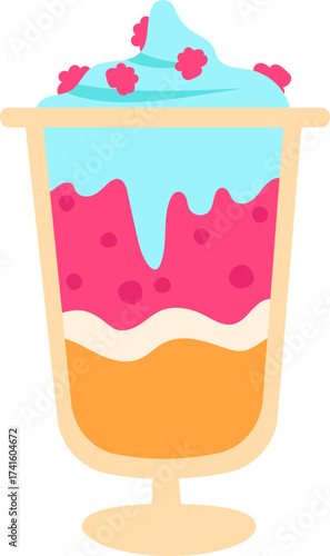 Colorful layered parfait milkshake dessert with whipped cream