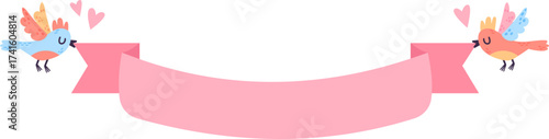 Lovebirds holding pink blank ribbon banner with hearts