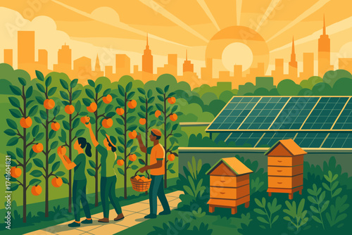 Urban farming in a city with solar panels and beehives at sunset